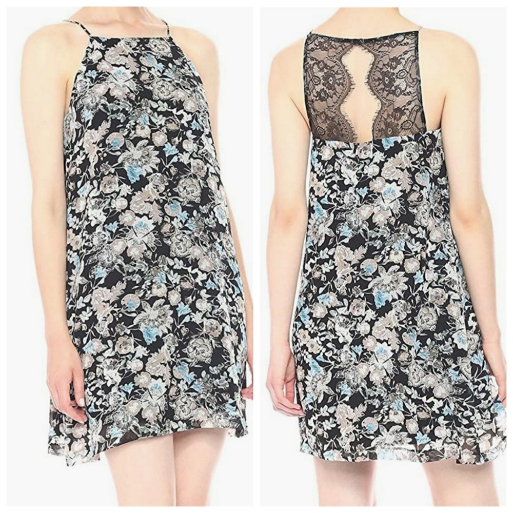 Kensie Wild Garden floral print back lace detail dress small